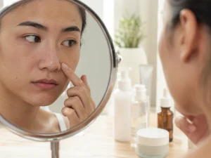 Woman examining clogged pores in skincare mirror