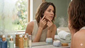 concerned woman viewing her face in a mirror, where distinct white, scaly, and flaky dry patches