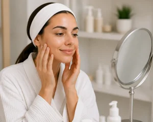 Client checking her radiant skin in a mirror at a modern skincare