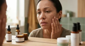 closely examining her reflection in a misty mirror and pinching a persistent rough patch on her cheek.
