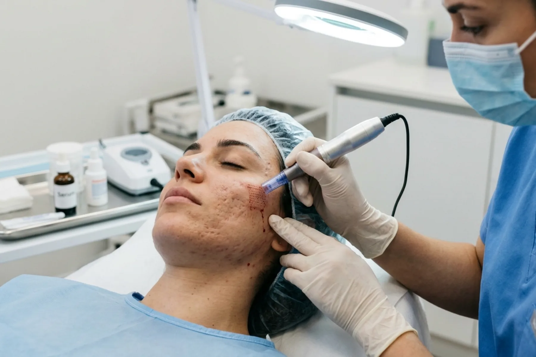 A clinical professional performs a microneedling treatment on the cheek of a patient with acne scars.