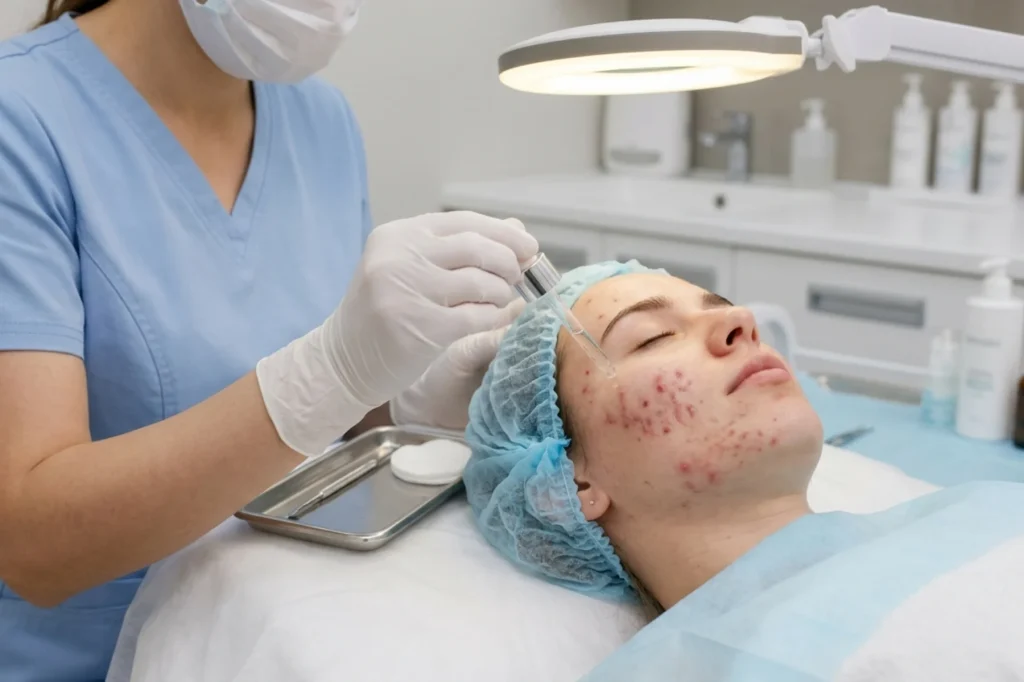 applies a liquid serum with a dropper to the cheek of a patient with active acne during a facial treatment under a bright lamp.