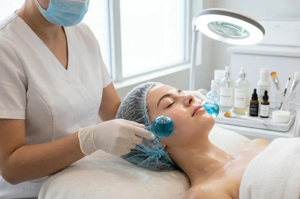 in a modern med-spa, showing a patient with glowing, clear skin receiving a facial massage.